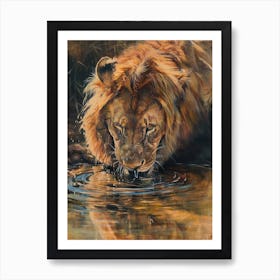 African Lion Drinking From A Watering Hole Acrylic Painting 1 Art Print