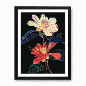 Neon Flowers On Black Camellia 1 Art Print