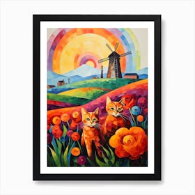 Ginger Cats With A Medieval Windmill Background Art Print