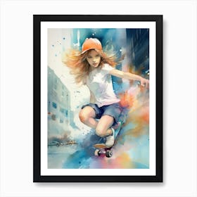 Girl Skateboarding In Miami, United States Watercolour 1 Art Print