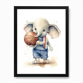 Elephant Painting Playing Basketball Watercolour 2 Art Print