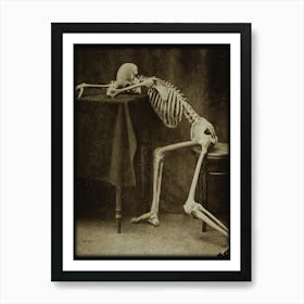 Drunk Skeleton by Albert Hasselwander - Skulls Dark Academia Biology Human Anatomy Wall Decor Funny Spooky Vintage Victorian Witchy Gothic Alcohol Weary Witchcore in Black and White Art Print
