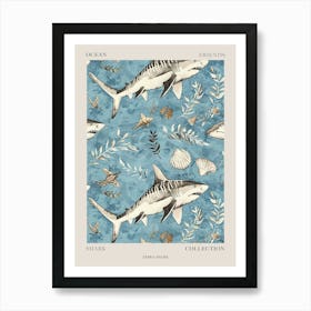 Pastel Blue Zebra Shark Watercolour Seascape Pattern 3 Poster Art Print