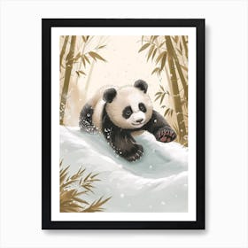 Giant Panda Cub Sliding Down A Snowy Hill Storybook Illustration 1 Art Print