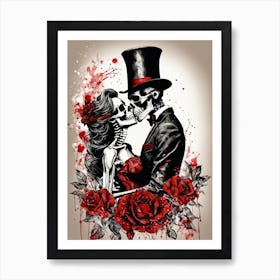 Floral Abstract Kissing Skeleton Lovers Ink Painting (1) Art Print