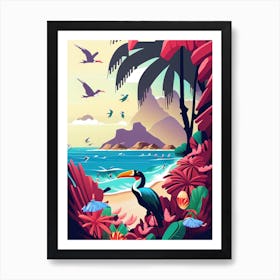 Exotic Floral Bird Island - Retro Landscape Beach and Coastal Theme Travel Poster Art Print