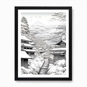 Shirakawa Go In Gifu, Ukiyo E Black And White Line Art Drawing 2 Art Print