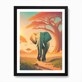Elephant, Sunset Light In Forest; Animal Wildlife; Old Baobab Tree 4688 Art Print