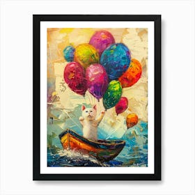 Cat In Boat With Balloons Art Print