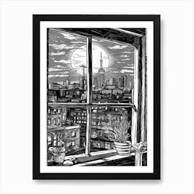 Window View Of Toronto Canada   Black And White Colouring Pages Line Art 4 Art Print