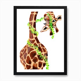 Giraffe With Plant Art Print