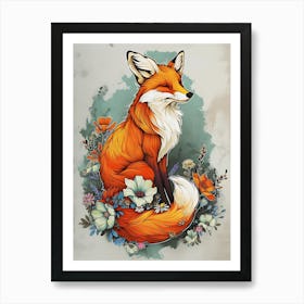 Amazing Red Fox With Flowers 11 Art Print