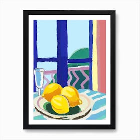 Painting Of A Lemons And Wine, Frenchch Riviera View, Checkered Cloth, Matisse Style 2 Art Print
