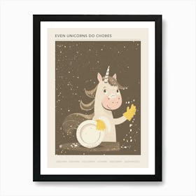 Unicorn Washing Up The Dishes Muted Pastel Poster Art Print