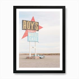 Route 66, USA I Vintage retro neon and American car at Roy's Motel Cafe in the California desert to the minimalist geometric photography pastel summer aesthetic of a travel trip to the West Coast countryside Art Print