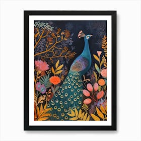 Folky Floral Peacock At Night In The Wild Art Print