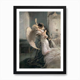 Mihály Von Zichy - Romantic Encounter (1864) Psyche Cupid - Hungarian Artist Oil Painting 'The Kiss' Renaissance Valentines The Lovers Ancient Vintage Dark Aesthetic Beautiful Angel in Love With Human Mythology Artwork Remastered HD Art Print