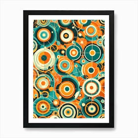 A Vibrant Retro Futuristic Seamless Pattern Featuring Stylized Atoms Starbursts And Geometric Shapes in shades of blue, white and orange, 274 Art Print