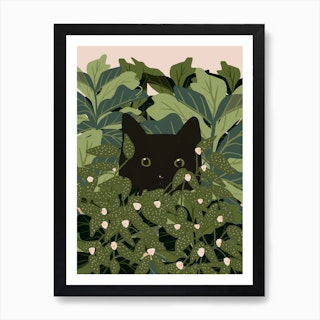Peeking Black Cat In Plants Art Print
