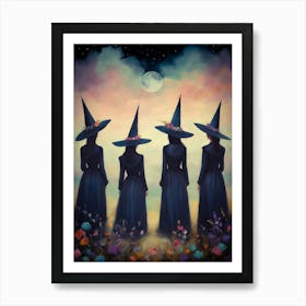 Witches Coven Meets Under a Full Moon ~ Witchy Friends Spell Night Art by Sarah Valentine Art Print
