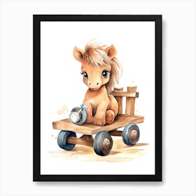 Pony On A Toy Car, Watercolour Nursery 0 Art Print