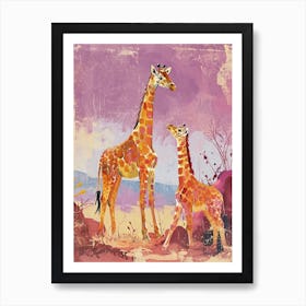 Mother Giraffe & Calf Lilac Portrait Art Print