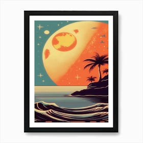 Moon Ocean Palm Tree 1970s Retro Motif Art Print