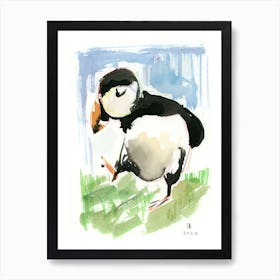 Puffin bird watercolor painting animal nature kids children kitchen illustration Art Print