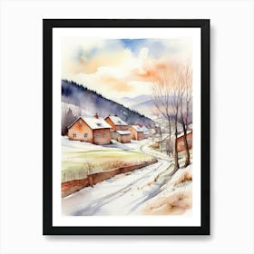 Watercolor Of A Winter Village Art Print