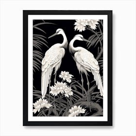 Black And White Cranes 3 Vintage Japanese Botanical Art Print