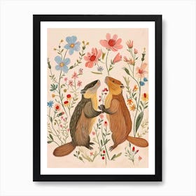 Folksy Floral Animal Drawing Beaver 5 Art Print