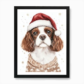 King Charles Cavalier In Christmas Jumper And Santa Hat Neutral Art Print