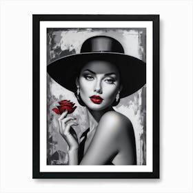 Woman In A Black Hat With Red Rose Art Print