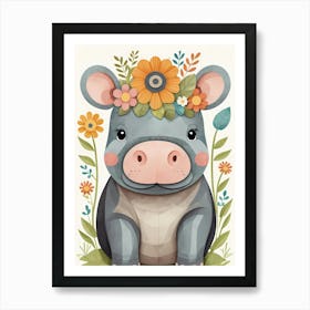 Floral Baby Hippo Nursery Illustration (2) 1 Art Print