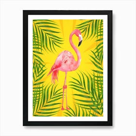 Pink Flamingo With Palm Leaves Art Print