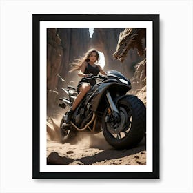 Sexy Girl with big motorcycle chased by dragons Art Print