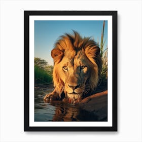 African Lion Drinking Water Realism 2 Art Print