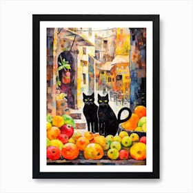 Two Black Cats With Fruit In Front Of A Town Art Print