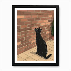 Black Cat Looking At Brick Wall Art Print