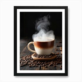 Cappuccino In A Rustic Wood Mug Amid Billowing Smoke Background Of Dark Roasted Beans And Steam Ri (1) Art Print