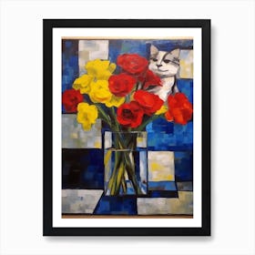 Lisianthus With A Cat 1 De Stijl Style Mondrian Art Print