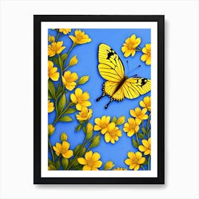 Yellow Butterfly On Yellow Flowers Art Print