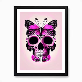 Skull With Butterfly Motifs Pink 2 Mexican Art Print