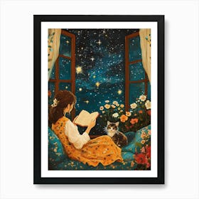 Girl Reading Book with Her Cat 19 Art Print