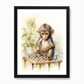 Monkey Painting Playing Chess Watercolour 4 Art Print
