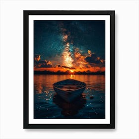 Boat In The Water At Sunset Art Print