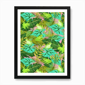 Hiding Tropical Tree Frogs in Green Foliage on Pink Art Print