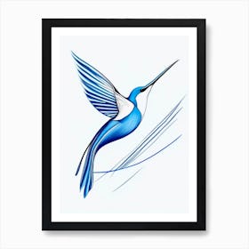 Hummingbird Symbol Blue And White Line Drawing Art Print