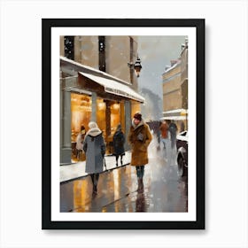 Paris cafes, winter season, Christmas, autumn oil colors, pale colors, pedestrians in the street, winter clothes, falling snow.Christmas decorations.11 Art Print