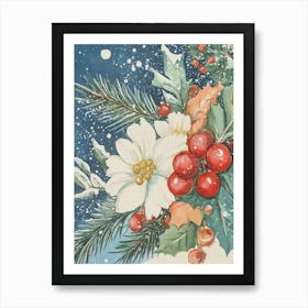 Flowers And Holly Berries Art Print